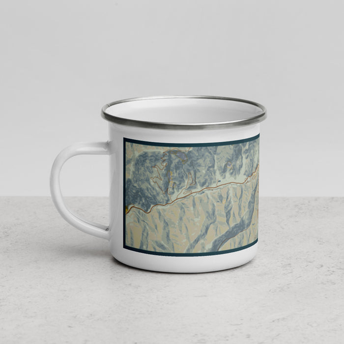 Left View Custom Red River New Mexico Map Enamel Mug in Woodblock