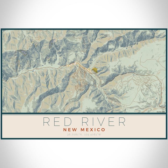 Red River New Mexico Map Print Landscape Orientation in Woodblock Style With Shaded Background
