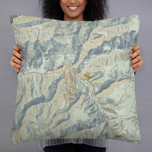 Person holding 22x22 Custom Red River New Mexico Map Throw Pillow in Woodblock