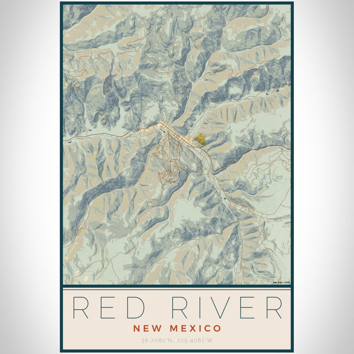 Red River New Mexico Map Print Portrait Orientation in Woodblock Style With Shaded Background