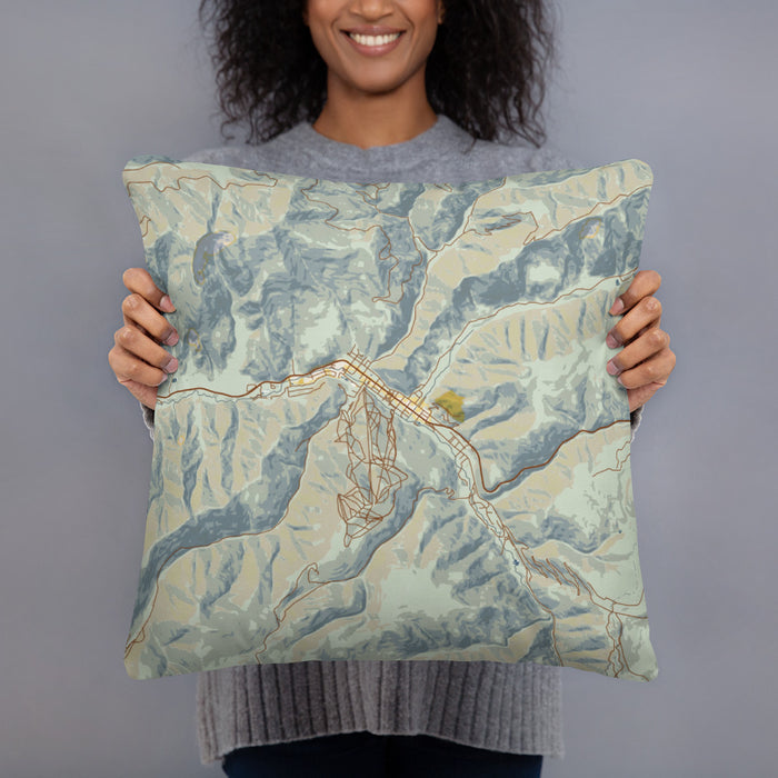 Person holding 18x18 Custom Red River New Mexico Map Throw Pillow in Woodblock