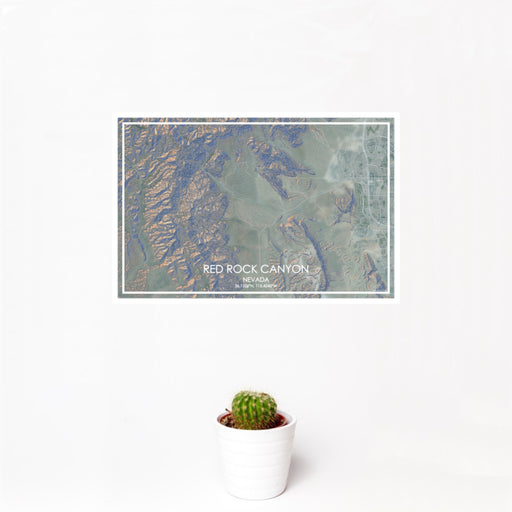 12x18 Red Rock Canyon Nevada Map Print Landscape Orientation in Afternoon Style With Small Cactus Plant in White Planter