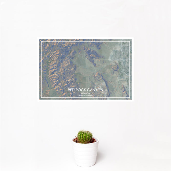 12x18 Red Rock Canyon Nevada Map Print Landscape Orientation in Afternoon Style With Small Cactus Plant in White Planter