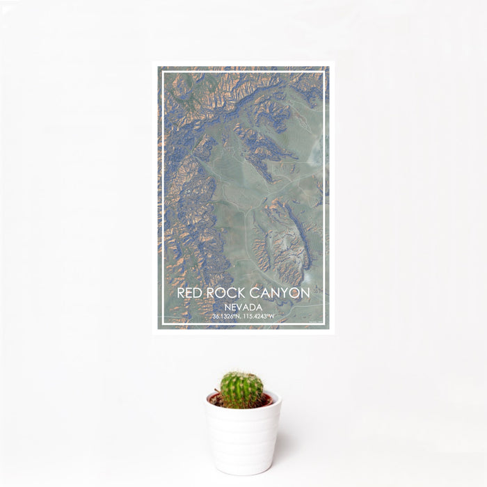 12x18 Red Rock Canyon Nevada Map Print Portrait Orientation in Afternoon Style With Small Cactus Plant in White Planter