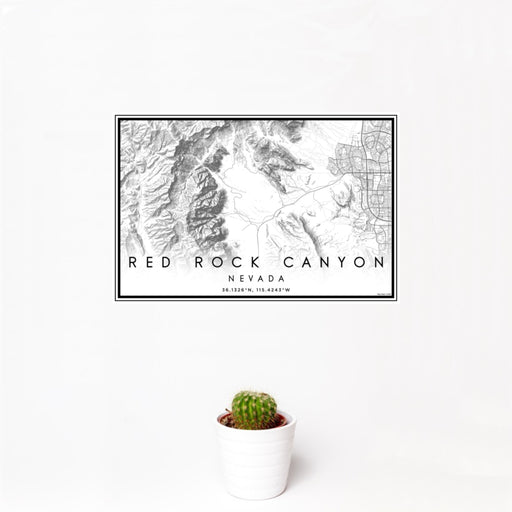 12x18 Red Rock Canyon Nevada Map Print Landscape Orientation in Classic Style With Small Cactus Plant in White Planter