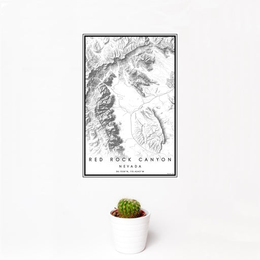 12x18 Red Rock Canyon Nevada Map Print Portrait Orientation in Classic Style With Small Cactus Plant in White Planter