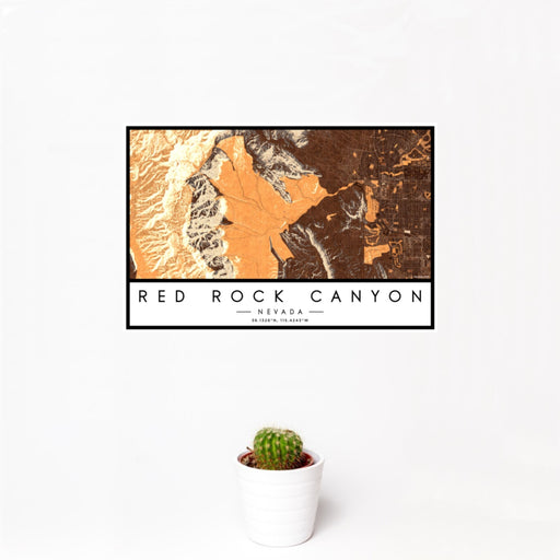 12x18 Red Rock Canyon Nevada Map Print Landscape Orientation in Ember Style With Small Cactus Plant in White Planter