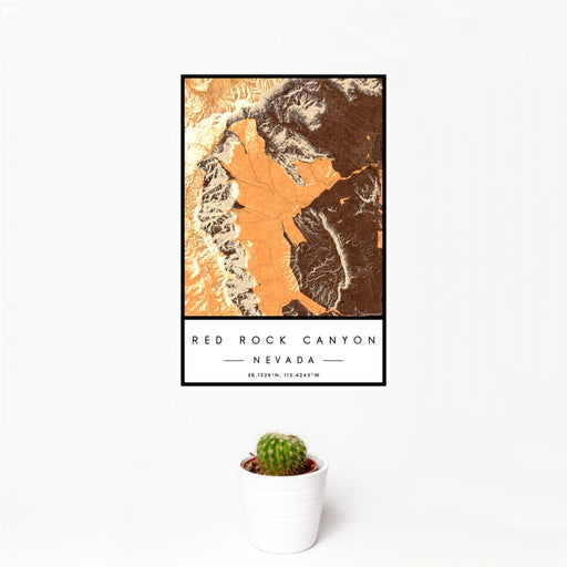 12x18 Red Rock Canyon Nevada Map Print Portrait Orientation in Ember Style With Small Cactus Plant in White Planter