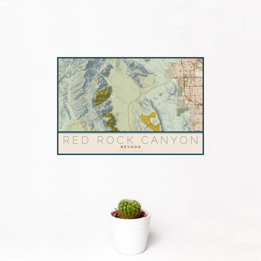 12x18 Red Rock Canyon Nevada Map Print Landscape Orientation in Woodblock Style With Small Cactus Plant in White Planter