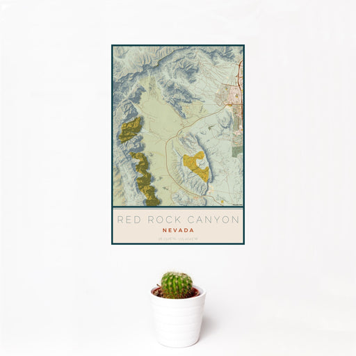 12x18 Red Rock Canyon Nevada Map Print Portrait Orientation in Woodblock Style With Small Cactus Plant in White Planter