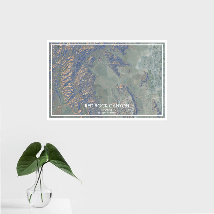 16x24 Red Rock Canyon Nevada Map Print Landscape Orientation in Afternoon Style With Tropical Plant Leaves in Water