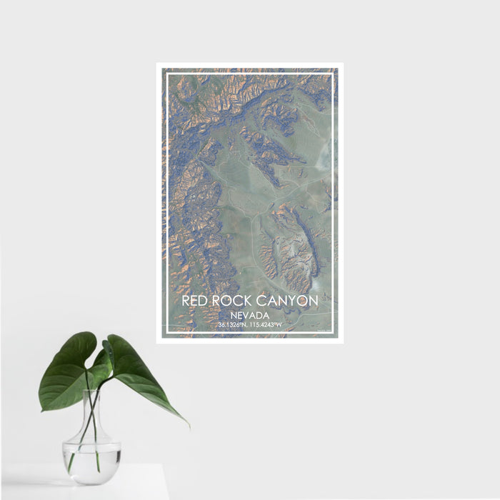 16x24 Red Rock Canyon Nevada Map Print Portrait Orientation in Afternoon Style With Tropical Plant Leaves in Water