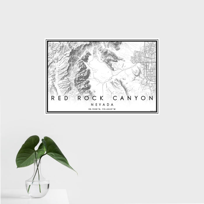 16x24 Red Rock Canyon Nevada Map Print Landscape Orientation in Classic Style With Tropical Plant Leaves in Water