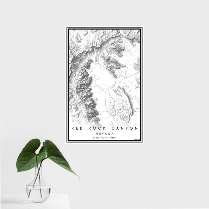 16x24 Red Rock Canyon Nevada Map Print Portrait Orientation in Classic Style With Tropical Plant Leaves in Water