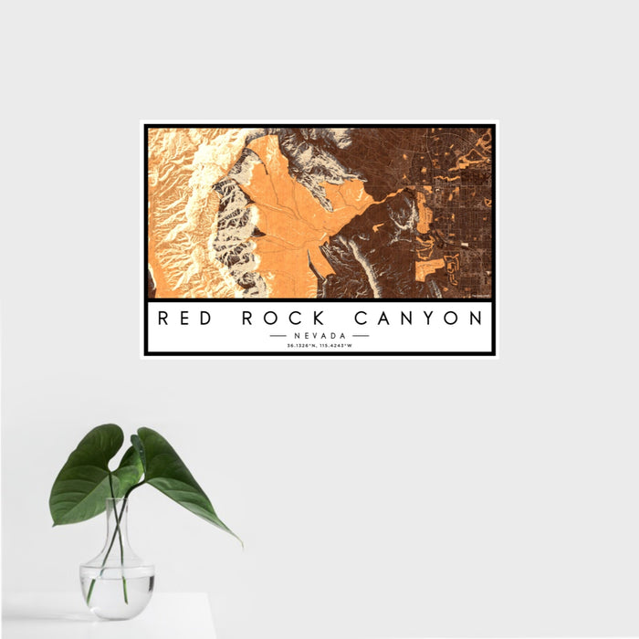 16x24 Red Rock Canyon Nevada Map Print Landscape Orientation in Ember Style With Tropical Plant Leaves in Water