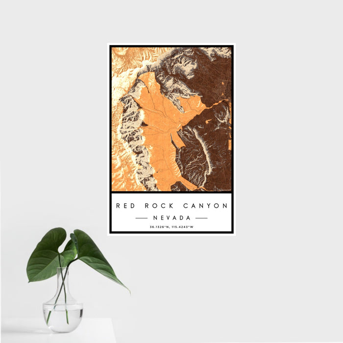16x24 Red Rock Canyon Nevada Map Print Portrait Orientation in Ember Style With Tropical Plant Leaves in Water
