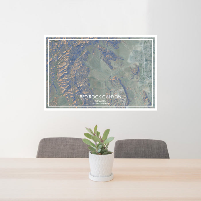 24x36 Red Rock Canyon Nevada Map Print Lanscape Orientation in Afternoon Style Behind 2 Chairs Table and Potted Plant