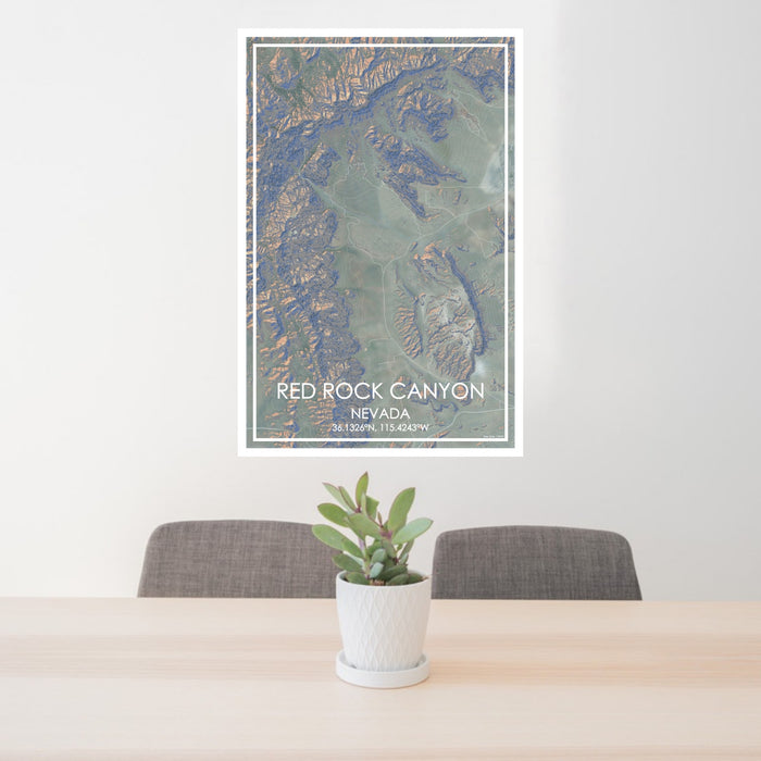 24x36 Red Rock Canyon Nevada Map Print Portrait Orientation in Afternoon Style Behind 2 Chairs Table and Potted Plant