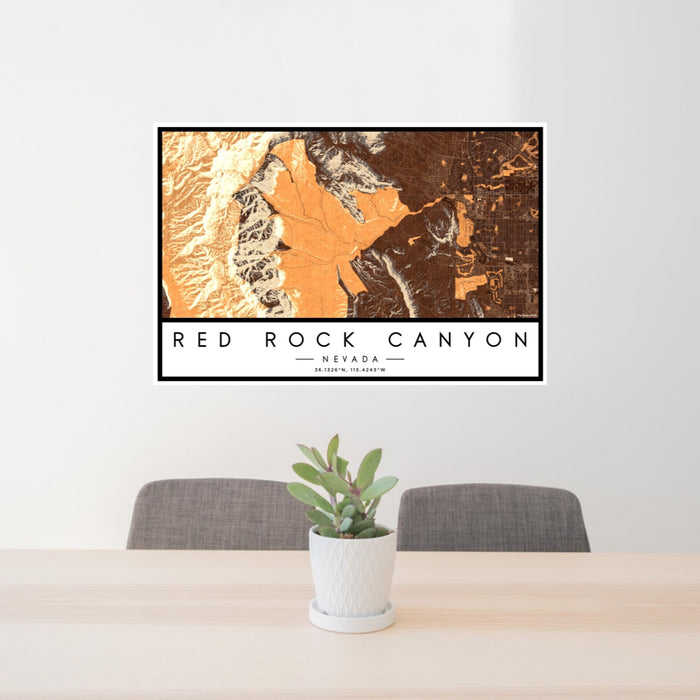 24x36 Red Rock Canyon Nevada Map Print Lanscape Orientation in Ember Style Behind 2 Chairs Table and Potted Plant