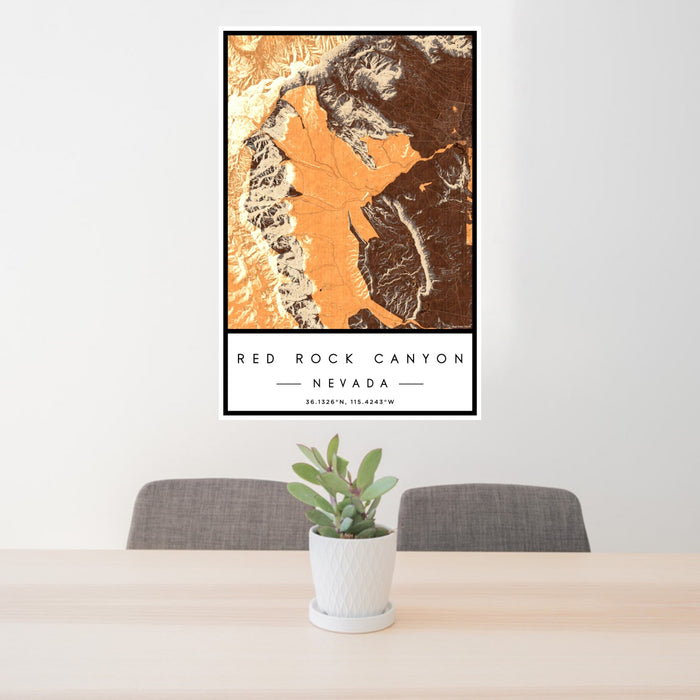 24x36 Red Rock Canyon Nevada Map Print Portrait Orientation in Ember Style Behind 2 Chairs Table and Potted Plant