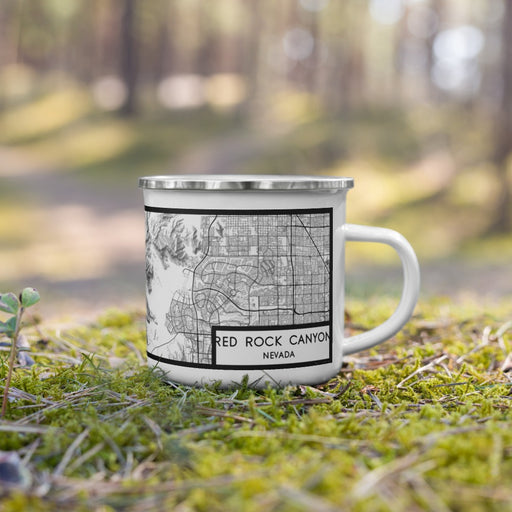 Right View Custom Red Rock Canyon Nevada Map Enamel Mug in Classic on Grass With Trees in Background