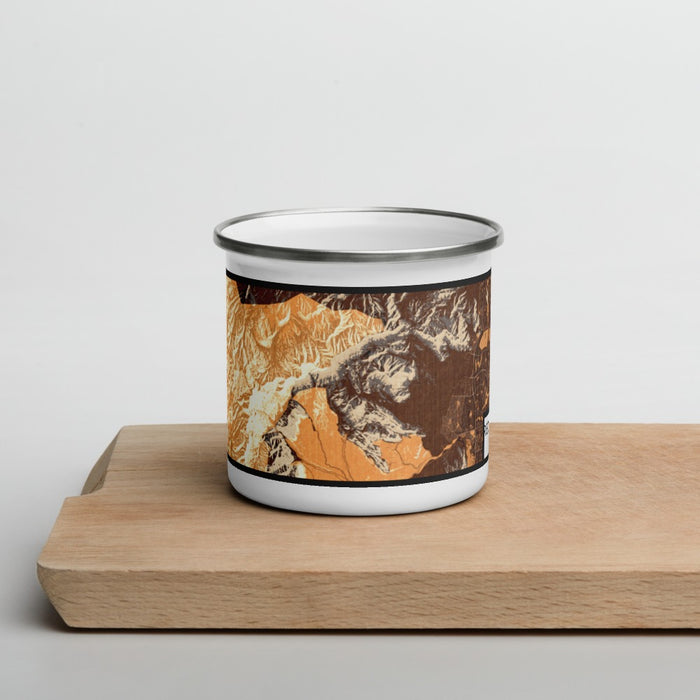 Front View Custom Red Rock Canyon Nevada Map Enamel Mug in Ember on Cutting Board