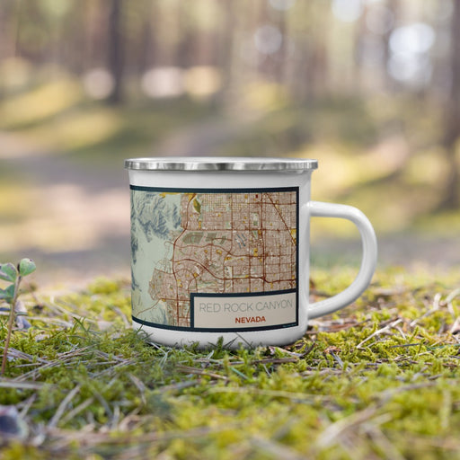 Right View Custom Red Rock Canyon Nevada Map Enamel Mug in Woodblock on Grass With Trees in Background