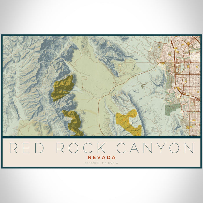 Red Rock Canyon Nevada Map Print Landscape Orientation in Woodblock Style With Shaded Background