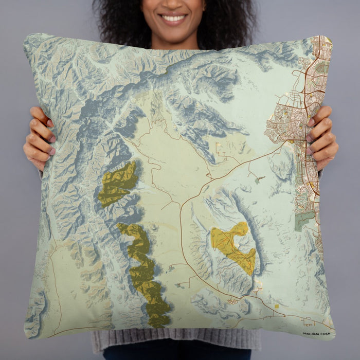 Person holding 22x22 Custom Red Rock Canyon Nevada Map Throw Pillow in Woodblock