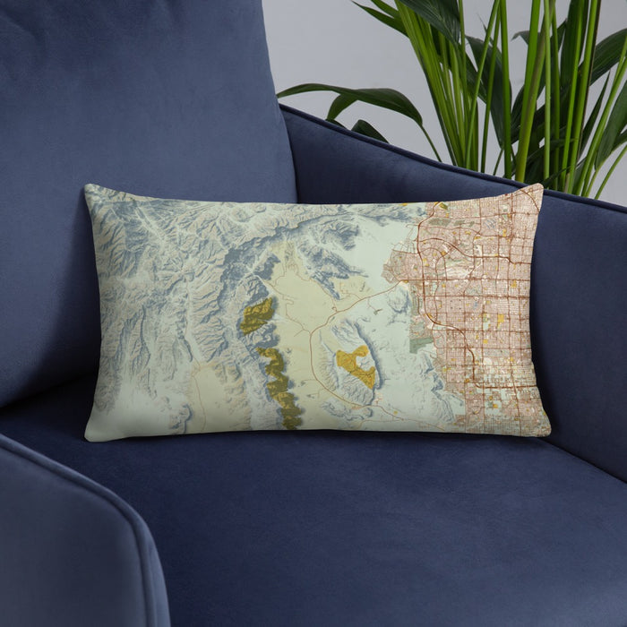 Custom Red Rock Canyon Nevada Map Throw Pillow in Woodblock on Blue Colored Chair