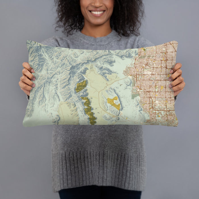 Person holding 20x12 Custom Red Rock Canyon Nevada Map Throw Pillow in Woodblock