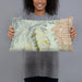 Person holding 20x12 Custom Red Rock Canyon Nevada Map Throw Pillow in Woodblock