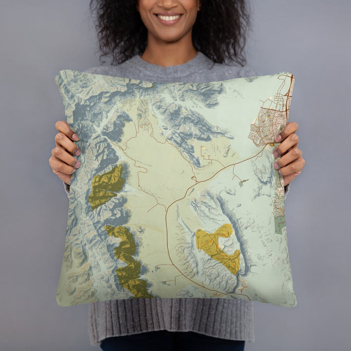 Person holding 18x18 Custom Red Rock Canyon Nevada Map Throw Pillow in Woodblock
