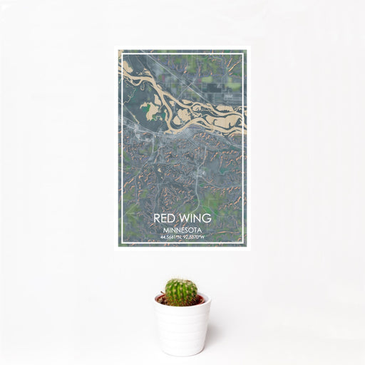 12x18 Red Wing Minnesota Map Print Portrait Orientation in Afternoon Style With Small Cactus Plant in White Planter