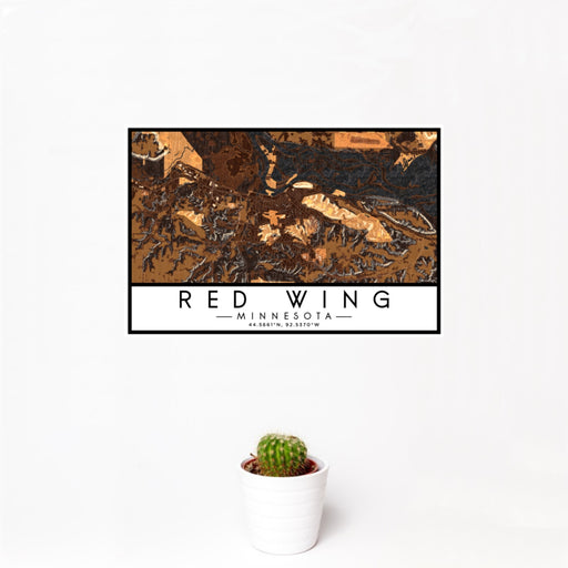 12x18 Red Wing Minnesota Map Print Landscape Orientation in Ember Style With Small Cactus Plant in White Planter