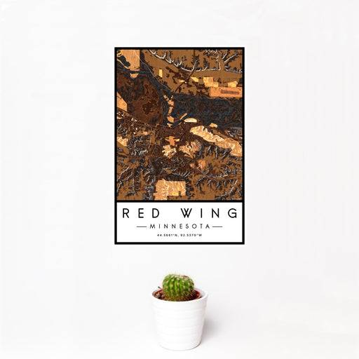 12x18 Red Wing Minnesota Map Print Portrait Orientation in Ember Style With Small Cactus Plant in White Planter
