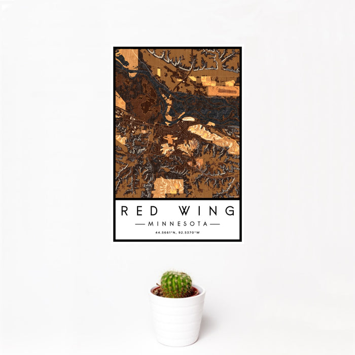 12x18 Red Wing Minnesota Map Print Portrait Orientation in Ember Style With Small Cactus Plant in White Planter
