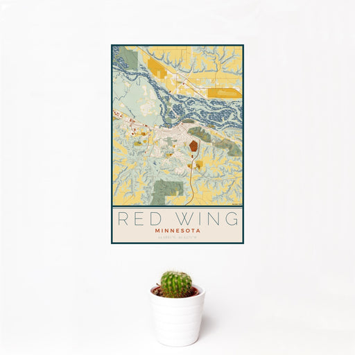 12x18 Red Wing Minnesota Map Print Portrait Orientation in Woodblock Style With Small Cactus Plant in White Planter