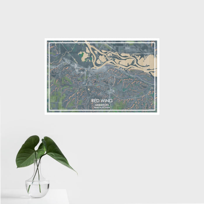 16x24 Red Wing Minnesota Map Print Landscape Orientation in Afternoon Style With Tropical Plant Leaves in Water