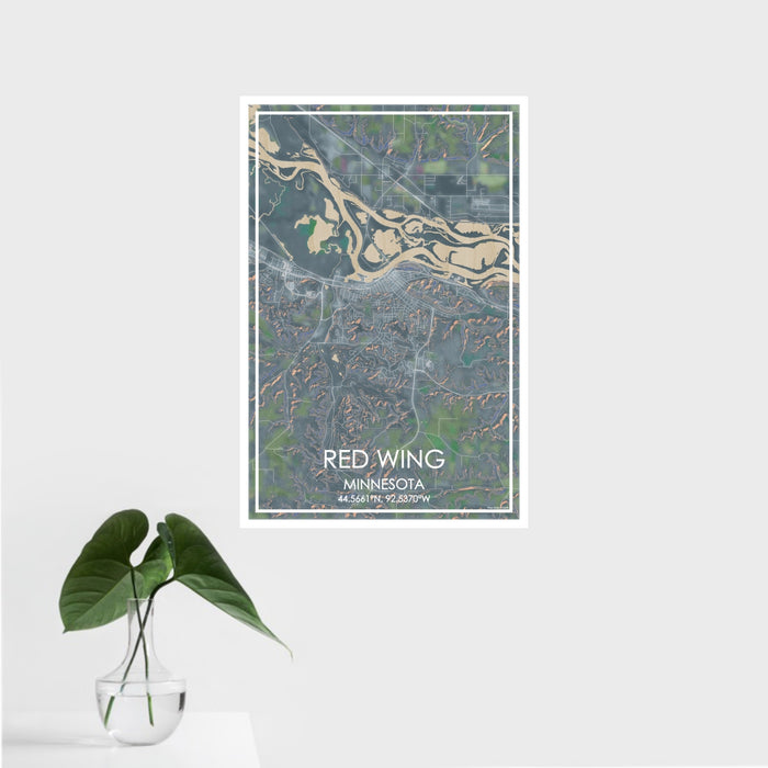16x24 Red Wing Minnesota Map Print Portrait Orientation in Afternoon Style With Tropical Plant Leaves in Water