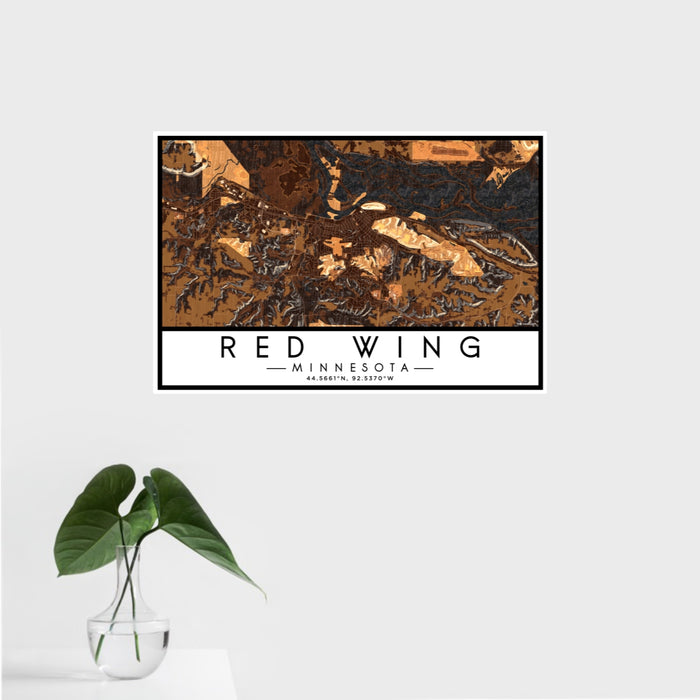 16x24 Red Wing Minnesota Map Print Landscape Orientation in Ember Style With Tropical Plant Leaves in Water