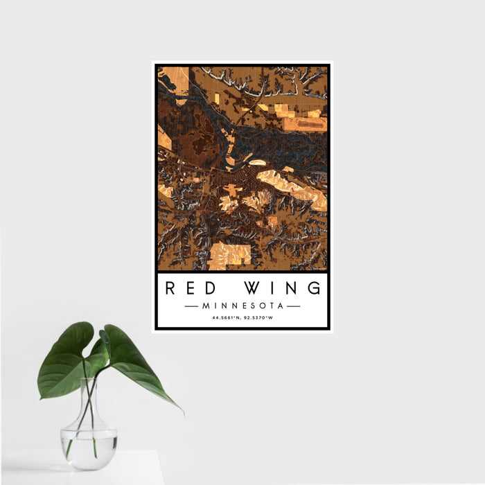 16x24 Red Wing Minnesota Map Print Portrait Orientation in Ember Style With Tropical Plant Leaves in Water