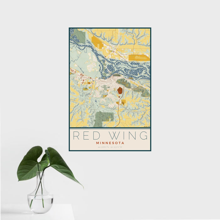 16x24 Red Wing Minnesota Map Print Portrait Orientation in Woodblock Style With Tropical Plant Leaves in Water