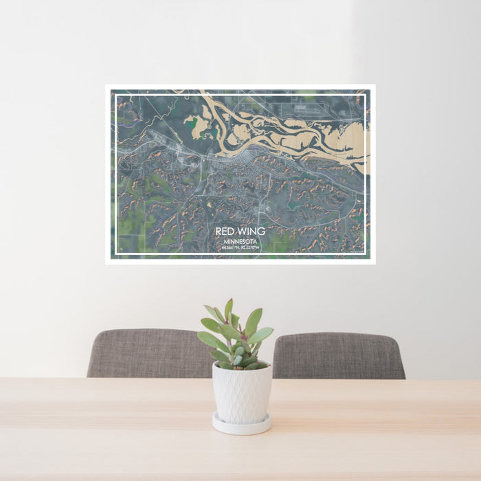 24x36 Red Wing Minnesota Map Print Lanscape Orientation in Afternoon Style Behind 2 Chairs Table and Potted Plant