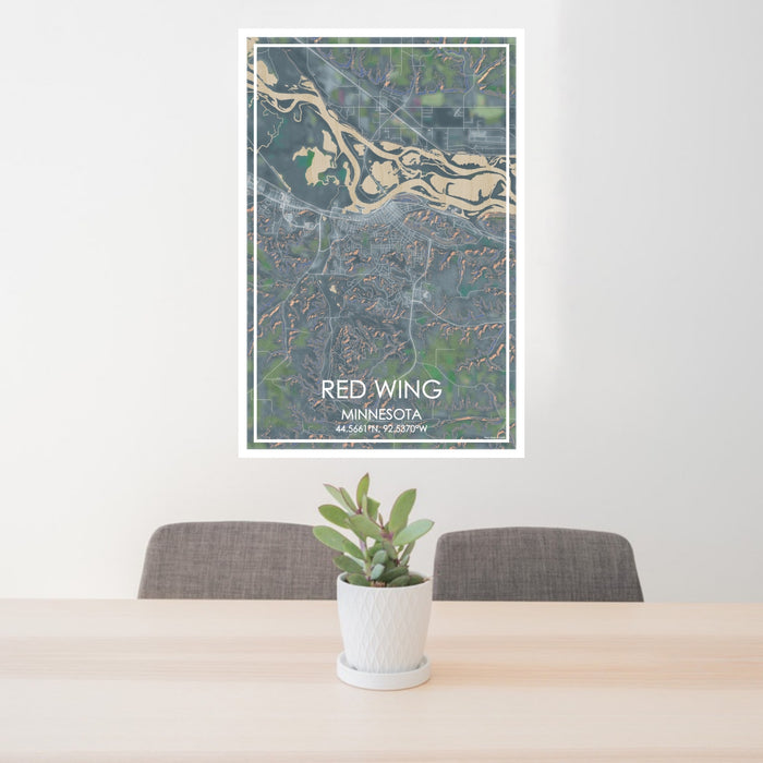 24x36 Red Wing Minnesota Map Print Portrait Orientation in Afternoon Style Behind 2 Chairs Table and Potted Plant