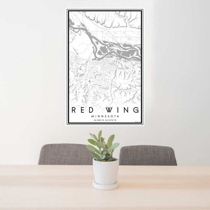 24x36 Red Wing Minnesota Map Print Portrait Orientation in Classic Style Behind 2 Chairs Table and Potted Plant