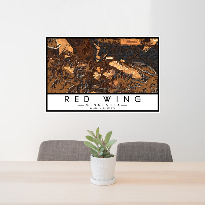 24x36 Red Wing Minnesota Map Print Lanscape Orientation in Ember Style Behind 2 Chairs Table and Potted Plant