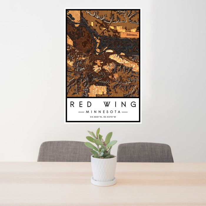 24x36 Red Wing Minnesota Map Print Portrait Orientation in Ember Style Behind 2 Chairs Table and Potted Plant