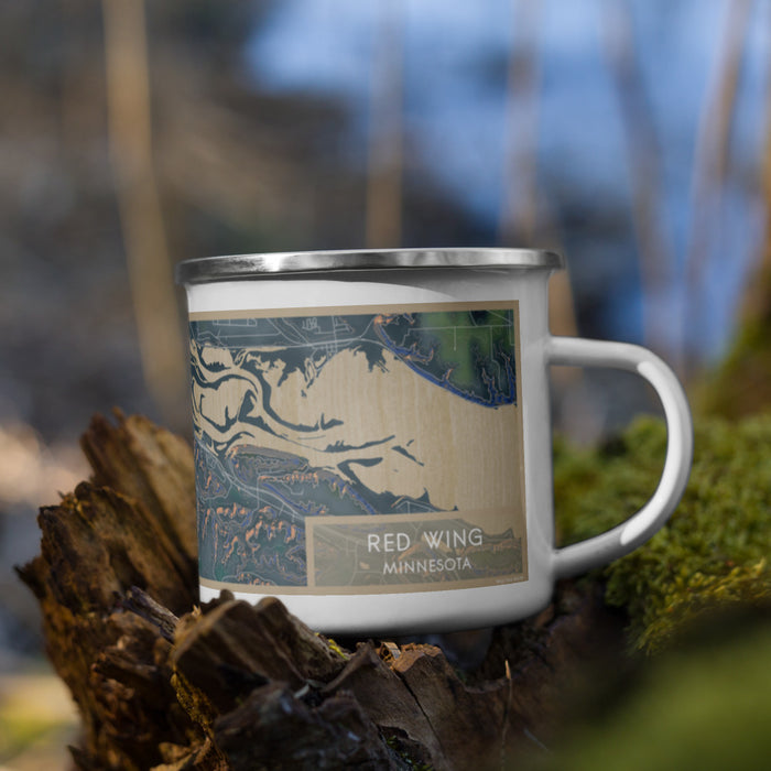 Right View Custom Red Wing Minnesota Map Enamel Mug in Afternoon on Grass With Trees in Background