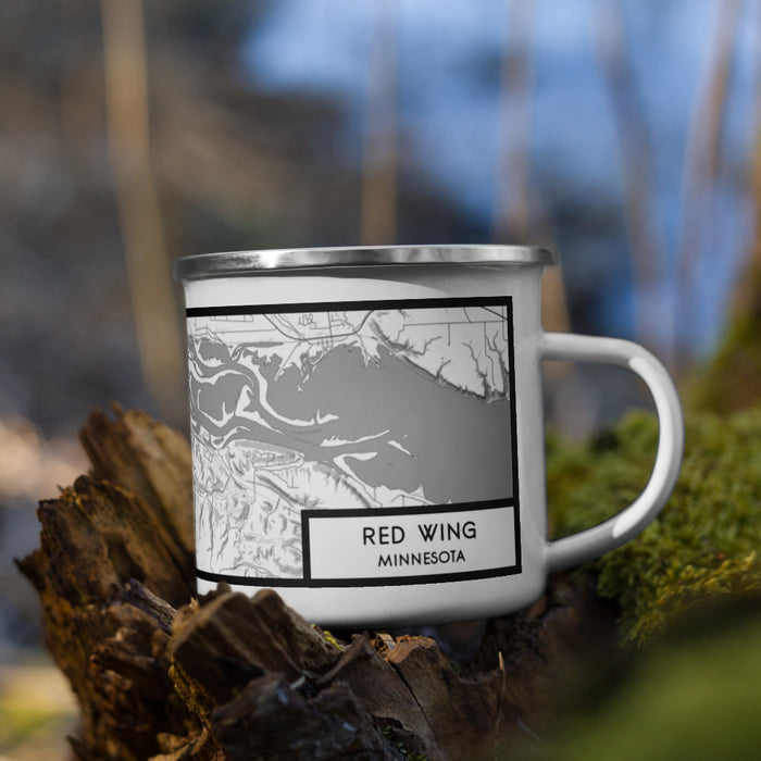 Right View Custom Red Wing Minnesota Map Enamel Mug in Classic on Grass With Trees in Background